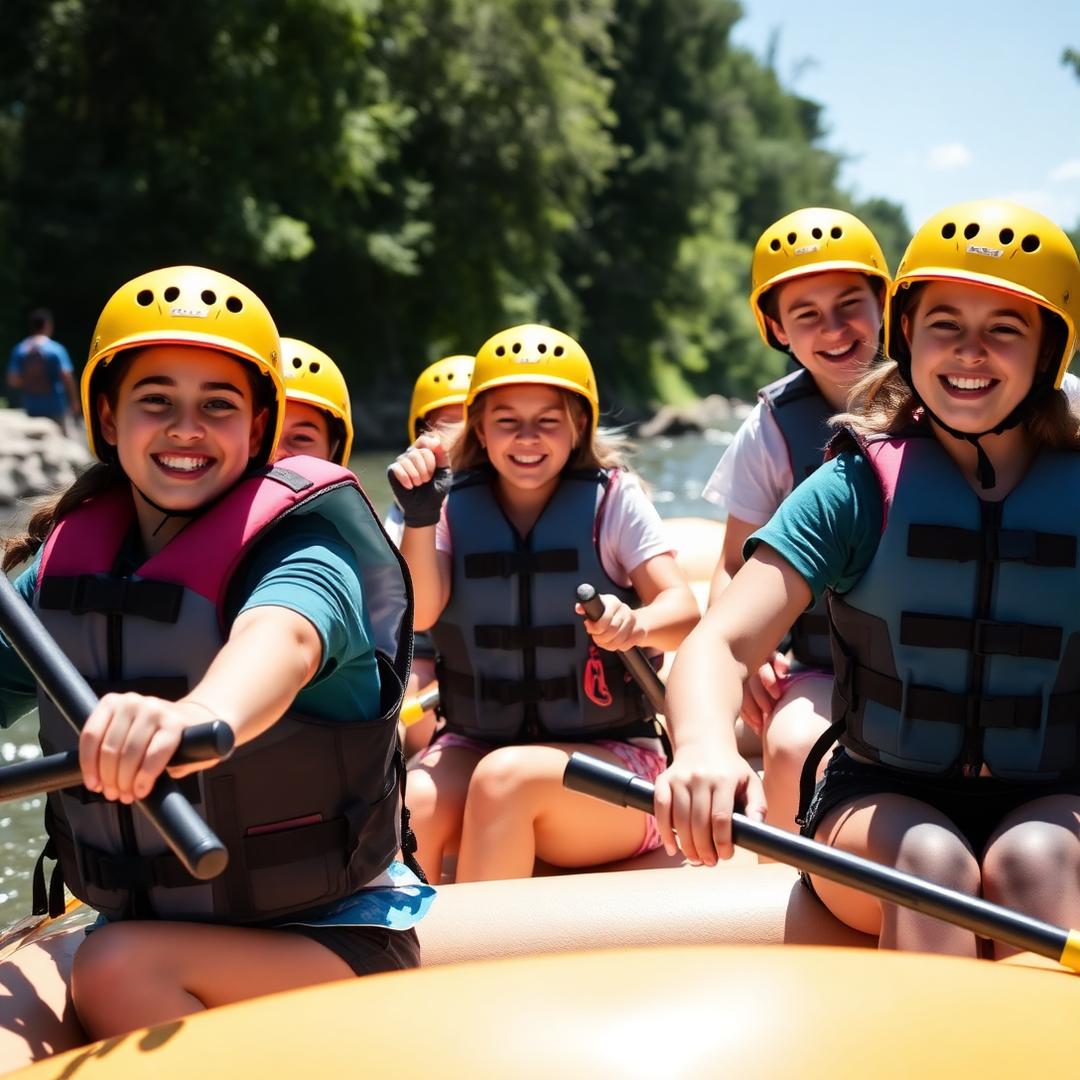 School learners in life jackets and helmets paddling a raft together